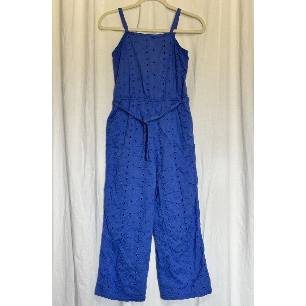 Abercrombie Kids Jumpsuit Girls 13/14 Blue Eyelet Lace Wide Leg Lined Pockets